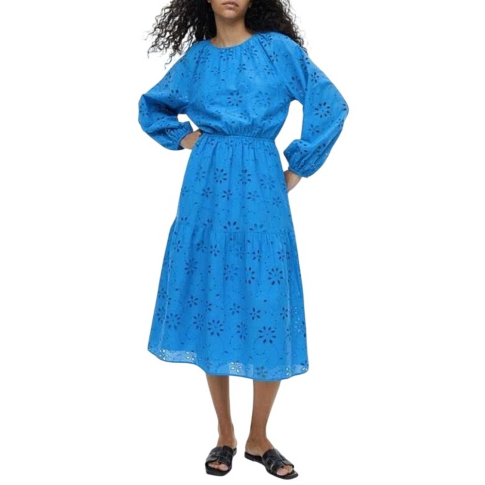 H&M Broderie Anglaise Women's Blue Eyelet Tie-Detail Open Back Midi Dress Size S